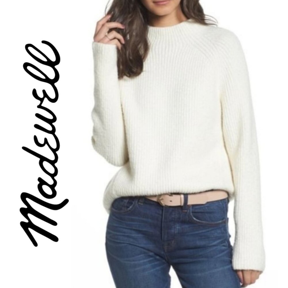 Madewell Women's Medium Northfield Mockneck Ribbed Sweater Cream High Low Knit